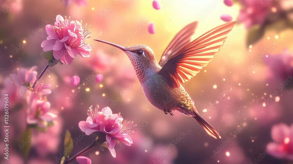 Fototapeta premium Hummingbird hovering over pink blossoms in a vibrant garden setting during spring