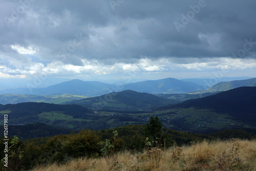 View from the top of Mogielica - the highest peak in  Island Beskids mountain range in Poland