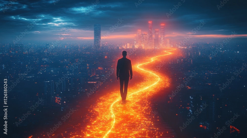 A solitary figure walks along a glowing lava path amidst a futuristic cityscape under a dramatic sky. A solitary figure walks along a glowing lava path amidst a futuristic cityscape under a dramatic sky.