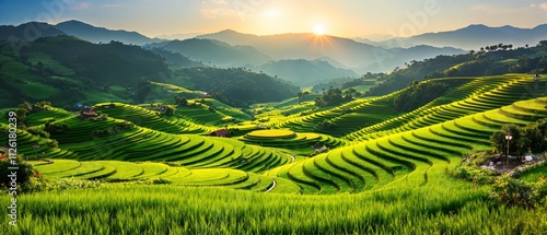 Scenic Rice Terraces in a Mountain Valley at Sunset