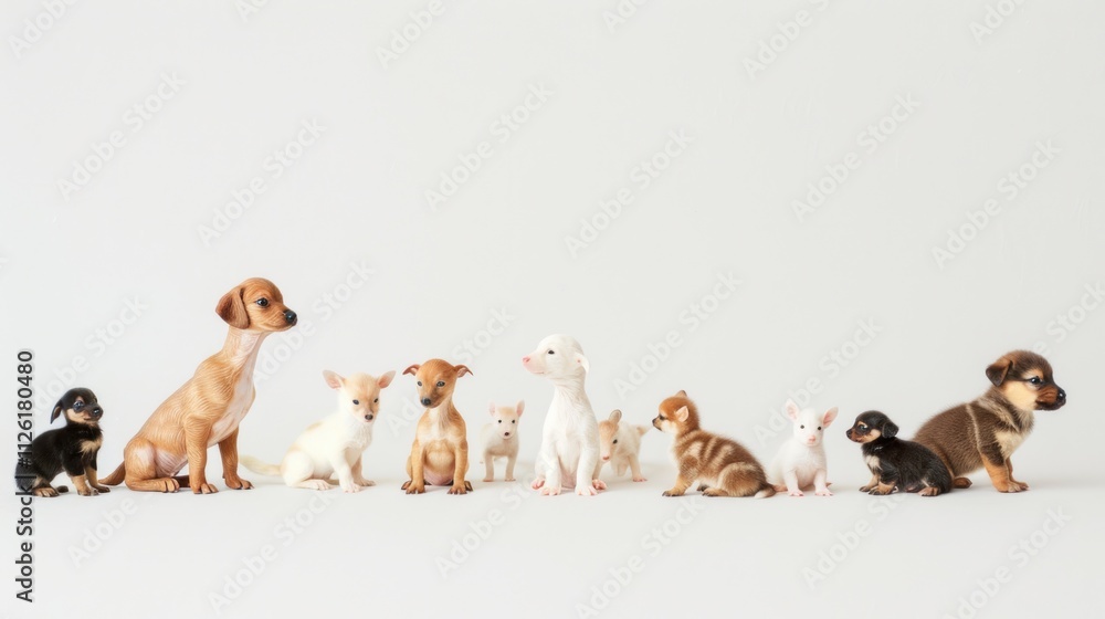 Fototapeta premium A collection of baby animals, including ducklings, puppies, and fawns, adorably arranged on a clean white background,