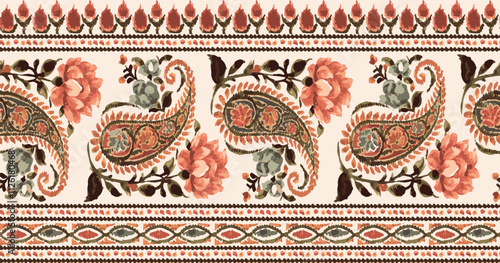 Striped seamless pattern with paisley. Floral wallpaper. Decorative ornament for fabric, textile, wrapping paper. Traditional oriental seamless paisley pattern.
