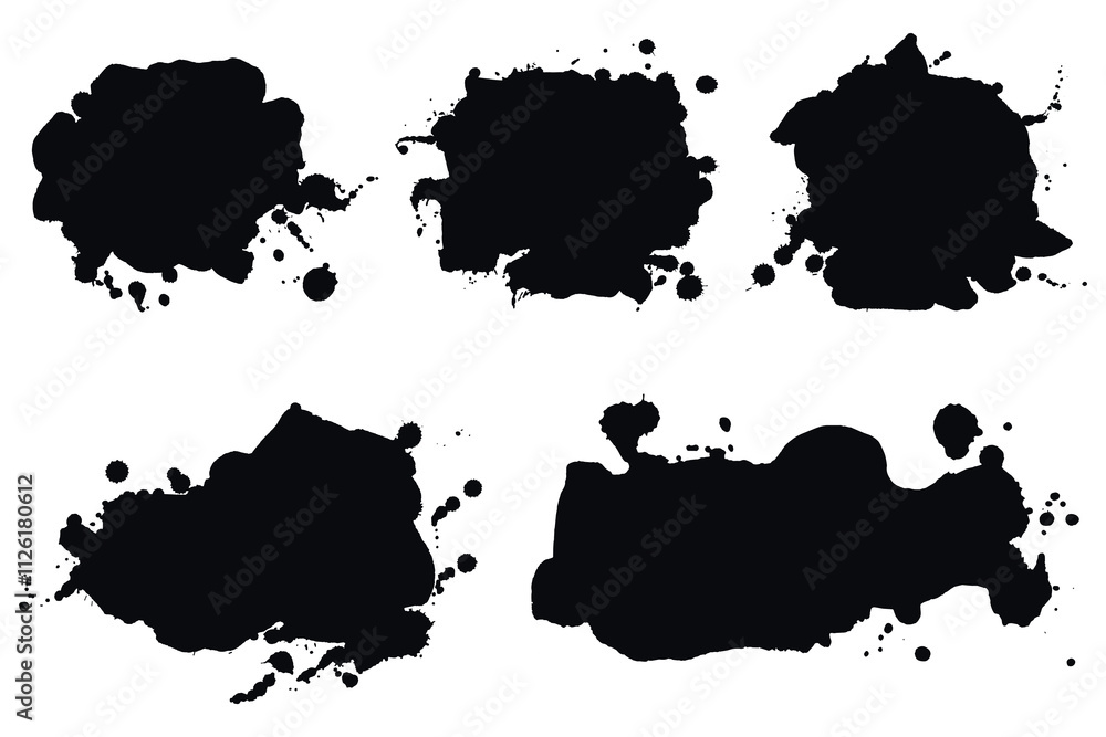 Grunge Ink Splatter Silhouettes and Paint Drops. Ink splashes banners set with drops blots and spray stains. Abstract grunge effect Grunge Ink Splatter Silhouettes and Paint Drops. Ink splashes banners set with drops blots and spray stains. Abstract grunge effect