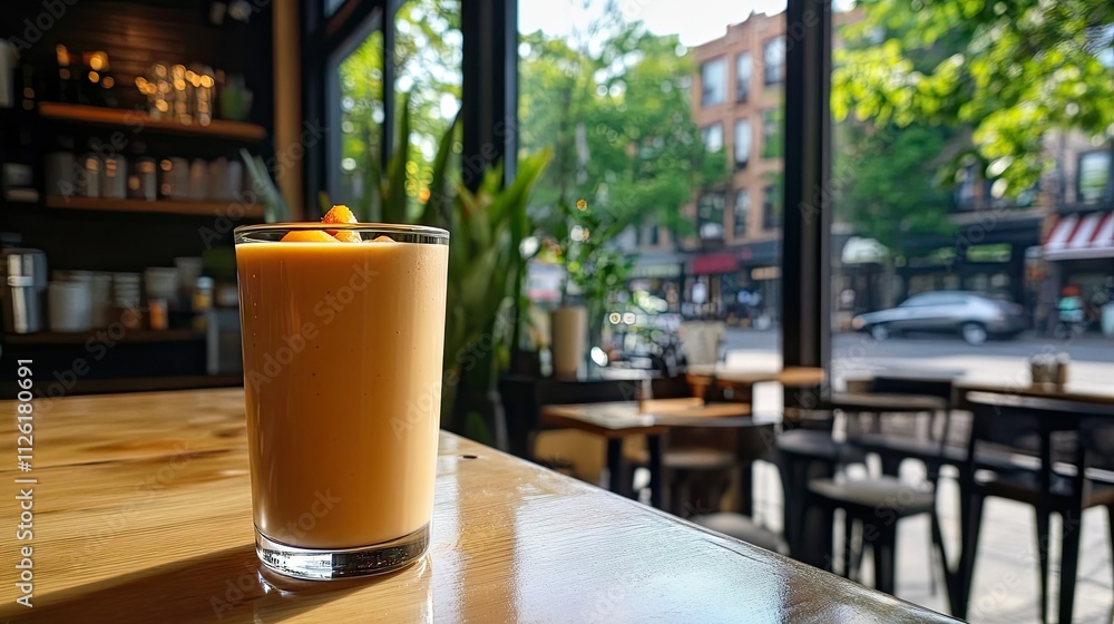 A fresh peach smoothie served in a clear glass cup, sitting on a wooden table with a view of the cafe A fresh peach smoothie served in a clear glass cup, sitting on a wooden table with a view of the cafe