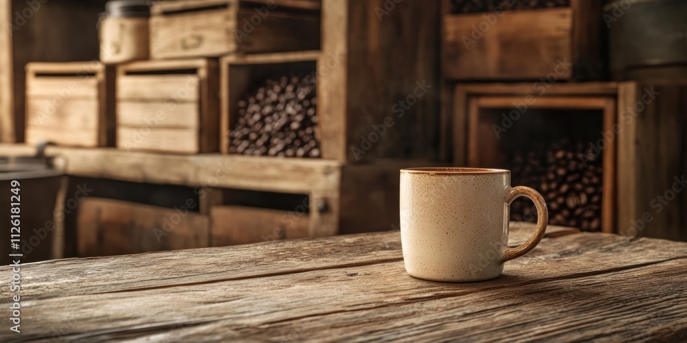 A rustic scene featuring a ceramic mug on a wooden table, with storage boxes in the background. A rustic scene featuring a ceramic mug on a wooden table, with storage boxes in the background.