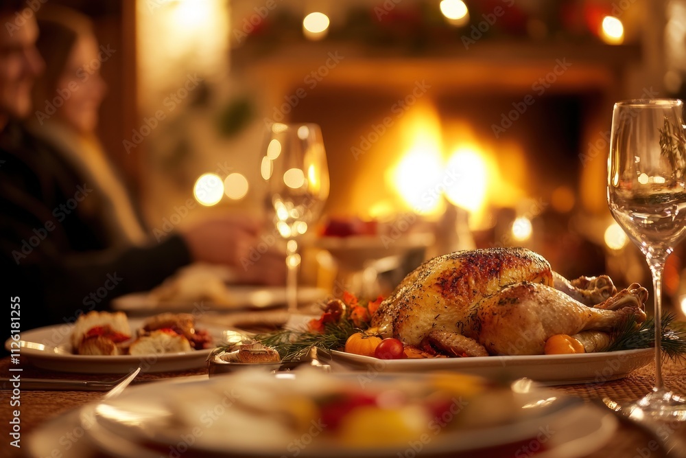 A festive dinner setting with a roasted turkey and warm ambiance by the fireplace. A festive dinner setting with a roasted turkey and warm ambiance by the fireplace.