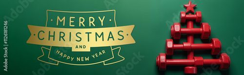 Red dumbbells lie in the form of a Christmas tree on a green background, flat lay, a banner. Congratulatory gold inscription 