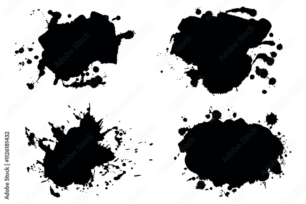 Fototapeta premium Ink splatters black silhouettes with paint drops. Ink splashes banners set with drops blots and spray stains. Abstract grunge effect for banners, ad, website, posters