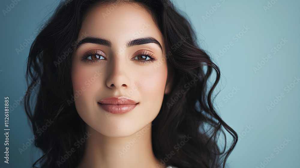 Woman with long dark hair and a smile on her face Woman with long dark hair and a smile on her face