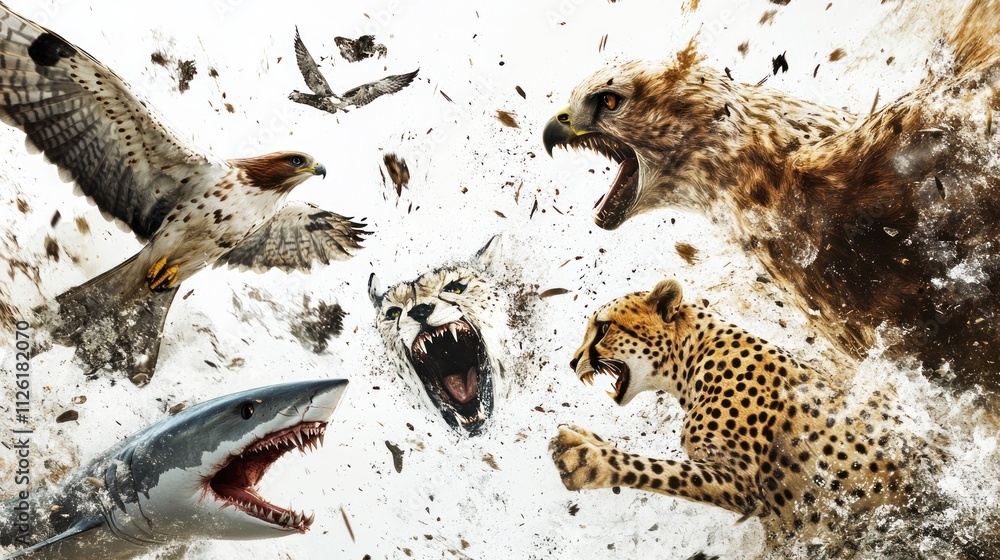 A dynamic scene of predator animals, including a hawk, shark, and cheetah, their sharp features standing out against a white background, A dynamic scene of predator animals, including a hawk, shark, and cheetah, their sharp features standing out against a white background,