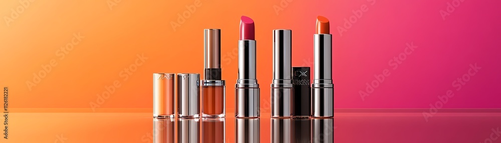 Obraz premium A collection of creamy lipsticks arranged in gradient shades on a reflective surface