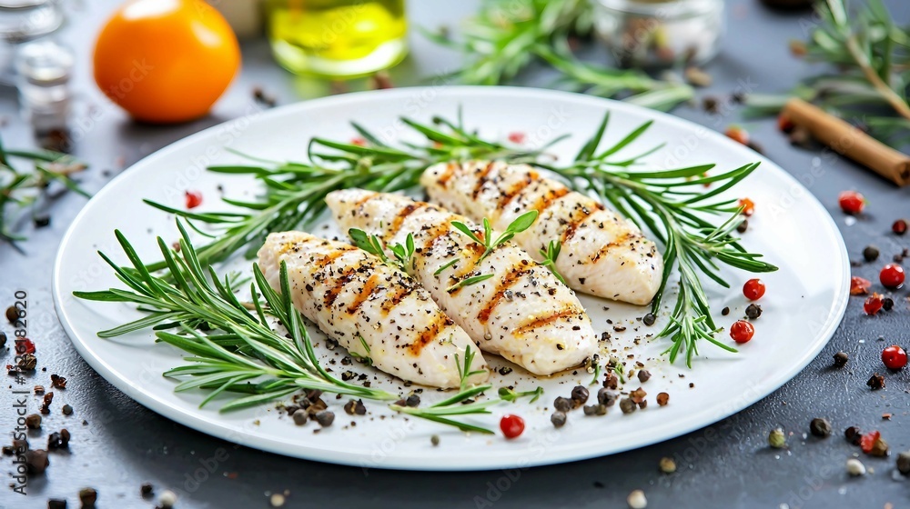 Grilled Chicken Fillets with Fresh Herbs and Spices on Plate Grilled Chicken Fillets with Fresh Herbs and Spices on Plate