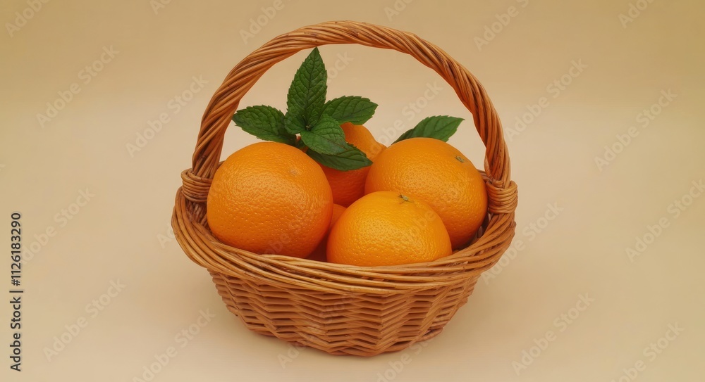 A basket filled with fresh oranges and green leaves on a neutral background. A basket filled with fresh oranges and green leaves on a neutral background.