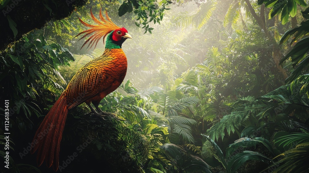 Vibrant Golden Pheasant in Lush Forest Setting Vibrant Golden Pheasant in Lush Forest Setting