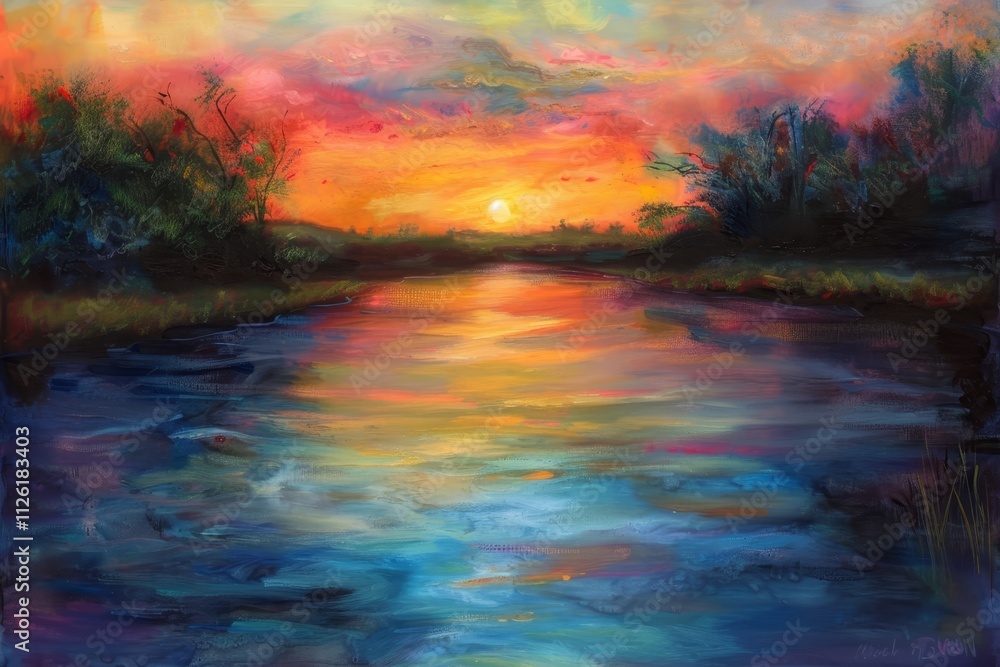 The sun sets over a calm river, casting brilliant colors across the water's surface while lush trees frame the peaceful landscape, creating a tranquil atmosphere. The sun sets over a calm river, casting brilliant colors across the water's surface while lush trees frame the peaceful landscape, creating a tranquil atmosphere.