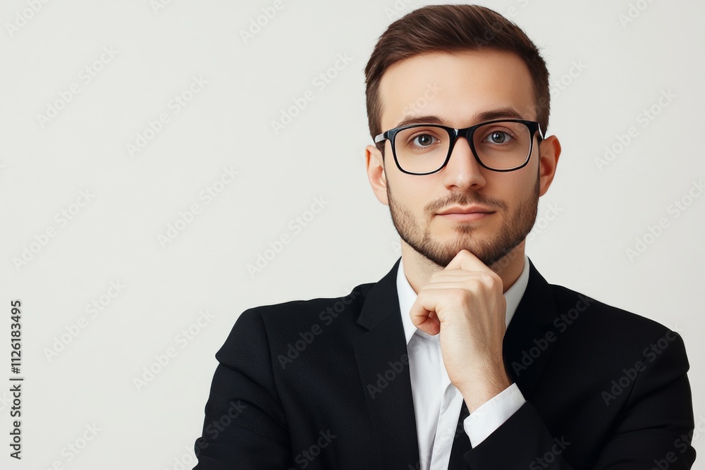 Confident Young Professional Man in Suit and Glasses Posing Against Neutral Background Confident Young Professional Man in Suit and Glasses Posing Against Neutral Background