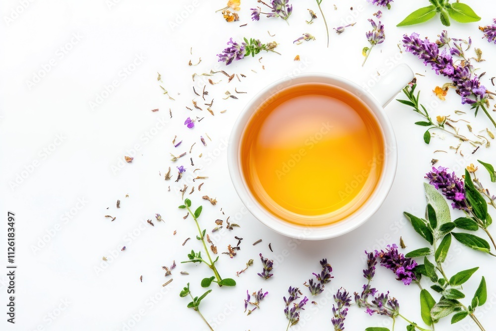 A cup of herbal tea surrounded by fresh herbs and flowers, evoking relaxation and wellness. A cup of herbal tea surrounded by fresh herbs and flowers, evoking relaxation and wellness.
