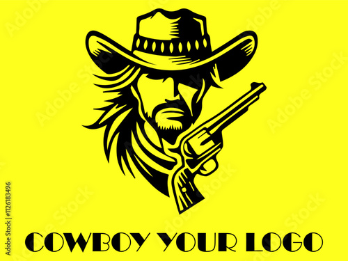 Bearded gunslinger in cowboy hat holding revolvers. Suitable for Westernthemed designs, posters, and marketing materials for movies or events