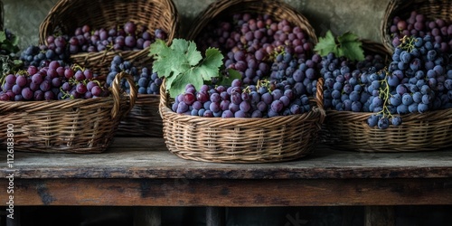 A rustic display of various baskets filled with fresh grapes on a wooden table.