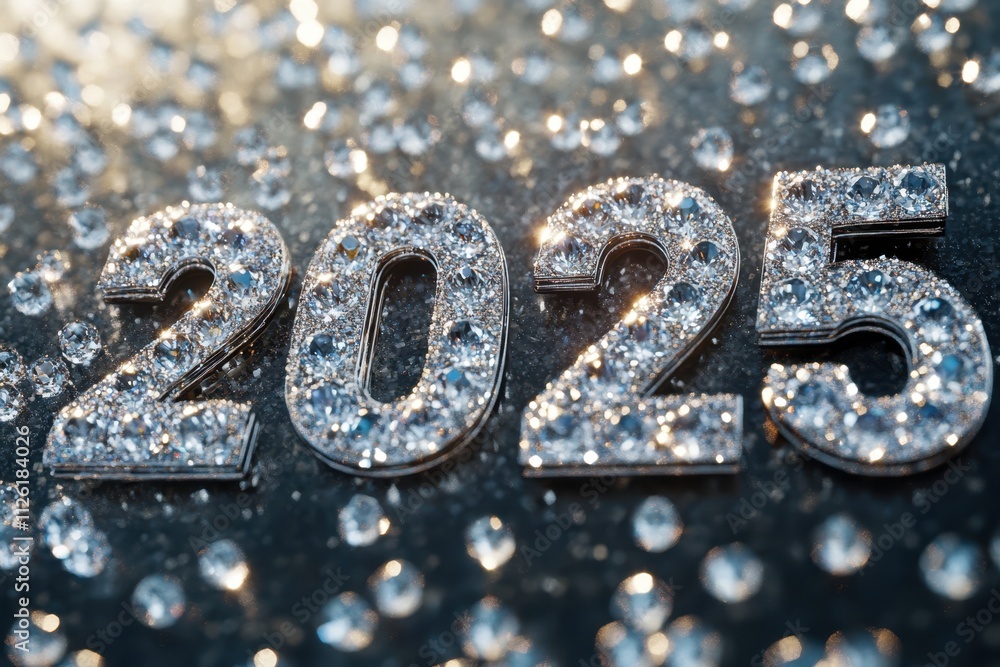 Shiny diamond numbers symbolizing the year 2025 sparkling in bright light Shiny diamond numbers symbolizing the year 2025 sparkling in bright light