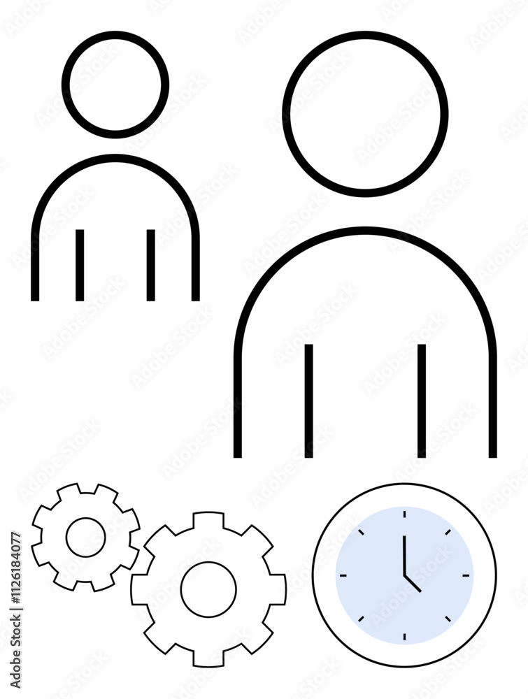 Two human figures, gears, and a clock suggesting collaboration and productivity. Ideal for business, teamwork, project management, time management, workflow efficiency, company organization task Two human figures, gears, and a clock suggesting collaboration and productivity. Ideal for business, teamwork, project management, time management, workflow efficiency, company organization task