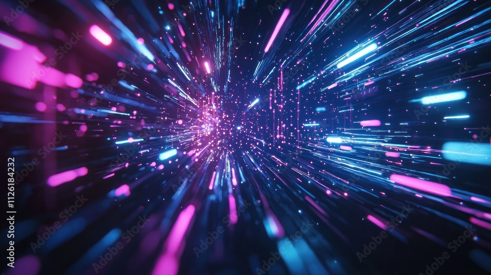 Fototapeta premium Neon Lightspeed Hyper Tunnel: A Digital Journey Through a Futuristic Cosmos