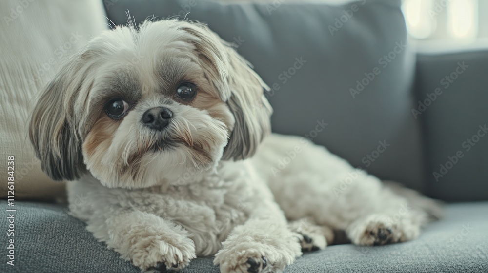 A fluffy dog lounging comfortably on a sofa, exuding a relaxed and cozy atmosphere.