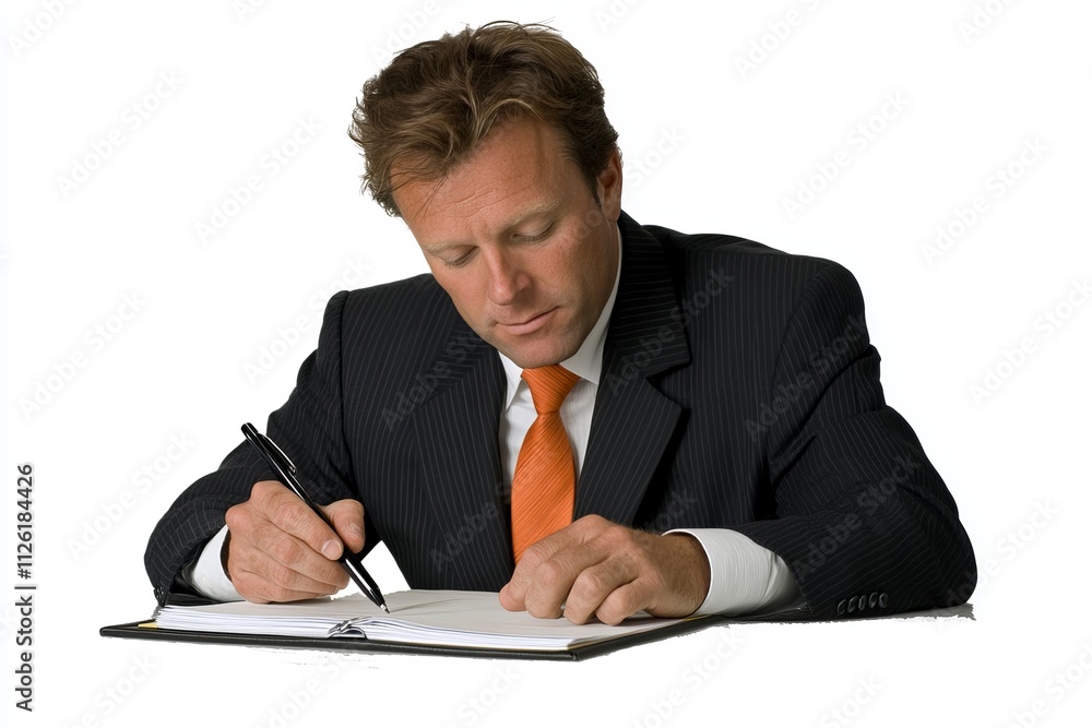 A man in a suit is writing on a piece of paper A man in a suit is writing on a piece of paper