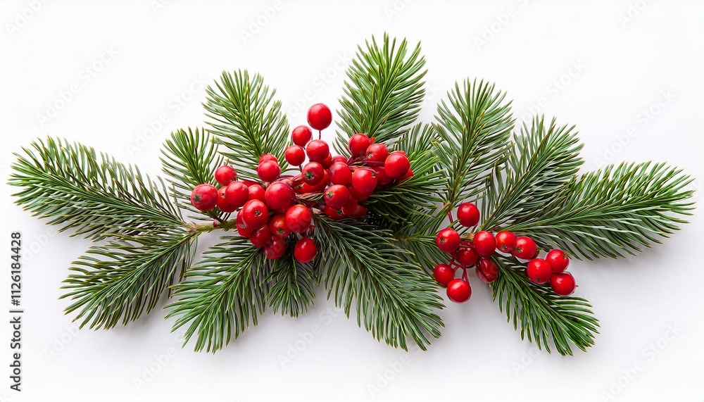 Christmas tree branch pine berries red on isolated white background Christmas tree branch pine berries red on isolated white background