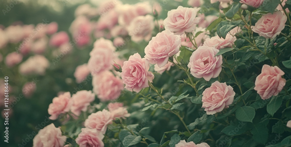 A serene display of blooming pink roses in a lush garden setting. A serene display of blooming pink roses in a lush garden setting.