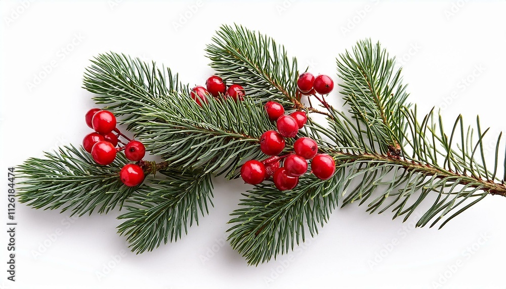 Christmas tree branch pine berries red on isolated white background Christmas tree branch pine berries red on isolated white background