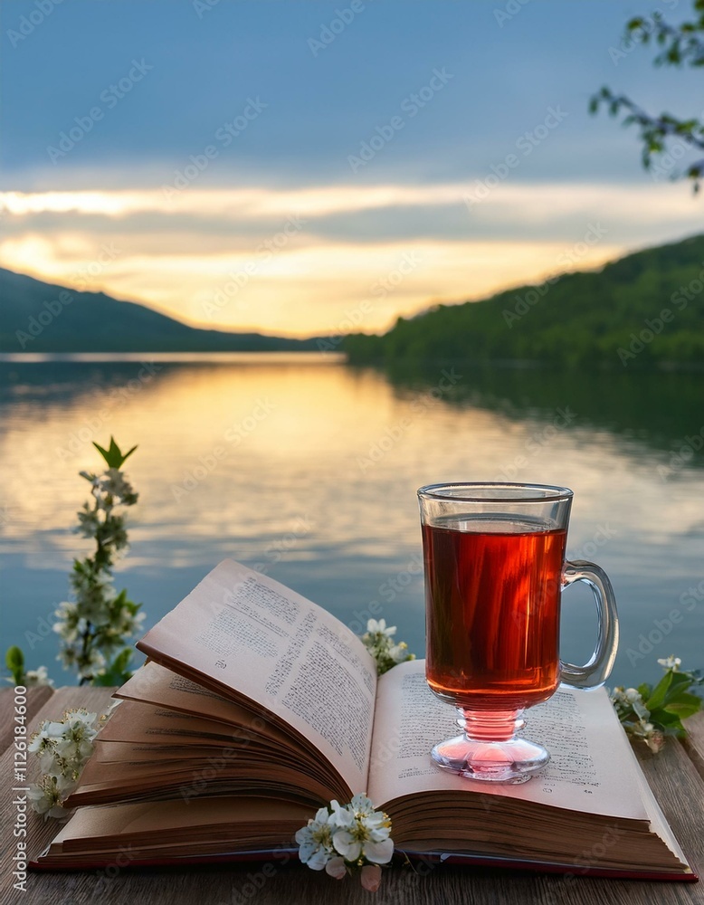 Generated image Drink and book on the table and lake in the background, April, National Poetry Month Generated image Drink and book on the table and lake in the background, April, National Poetry Month