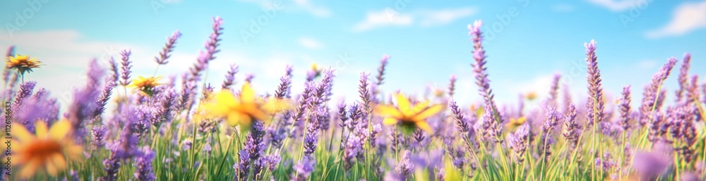 Naklejka premium A vibrant field of lavender and yellow flowers under a bright blue sky.