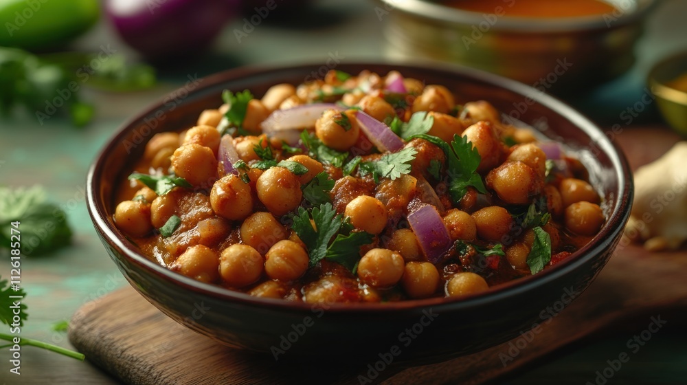 A bowl of chickpea curry garnished with onions and cilantro, served on a wooden board. A bowl of chickpea curry garnished with onions and cilantro, served on a wooden board.