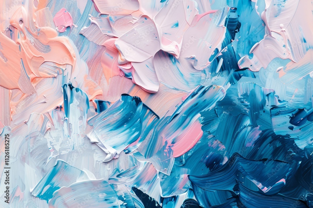 An abstract composition showcases lively brushstrokes in various shades of blue and pink, highlighting the artist's technique with thick paint for a rich texture. An abstract composition showcases lively brushstrokes in various shades of blue and pink, highlighting the artist's technique with thick paint for a rich texture.