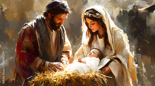 Boho style painting representing Nativity scene in Bethlehem. Christmas scene illustration showing holy family baby Jesus in the manger Joseph and Mary. Wallpaper or banner 