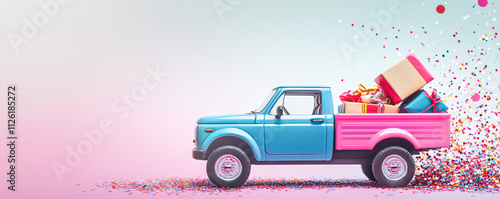 Mini pickup truck in funny colors, loaded with an open gift box. generative AI photo