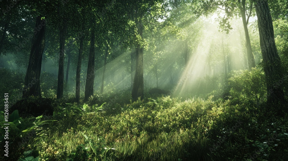 Obraz premium Sunbeams Illuminate Lush Green Forest Undergrowth