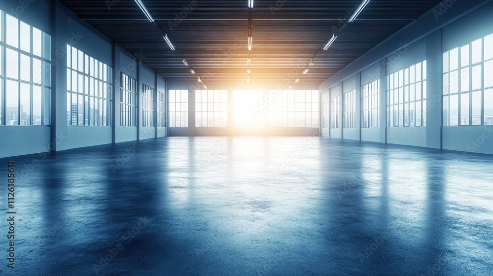 Vast Warehouse Interior with Bright Sunlight Shining Through Windows Vast Warehouse Interior with Bright Sunlight Shining Through Windows