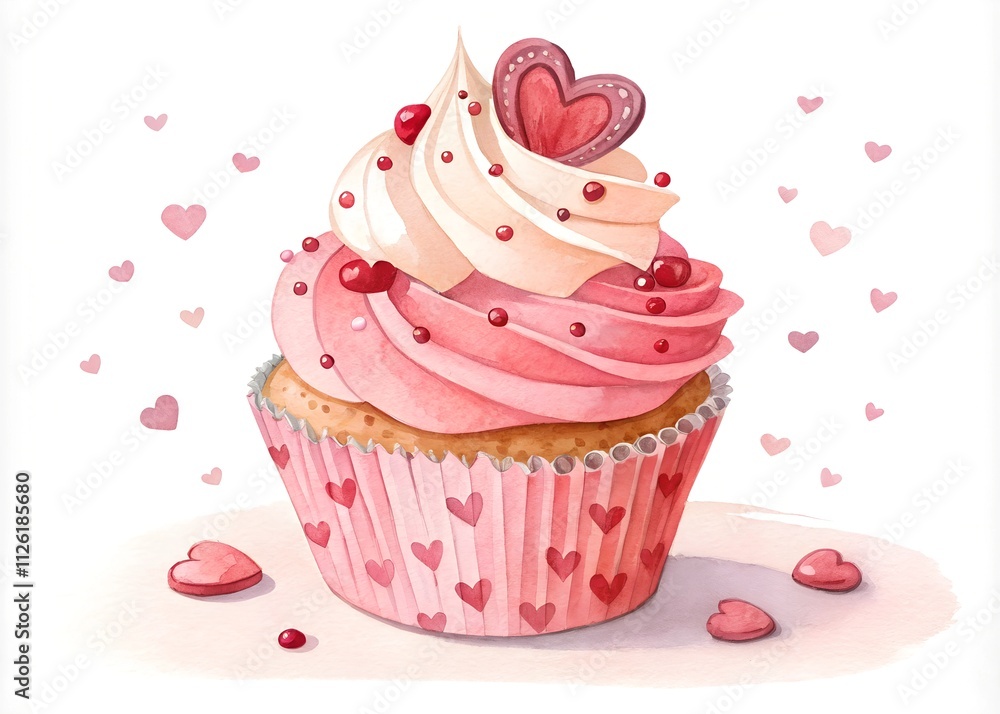 Watercolor clipart of a pink cupcake with heart-themed decorations, swirled frosting, and a heart topper. Ideal for Valentine’s Day cards, love themes, or festive designs. Watercolor clipart of a pink cupcake with heart-themed decorations, swirled frosting, and a heart topper. Ideal for Valentine’s Day cards, love themes, or festive designs.