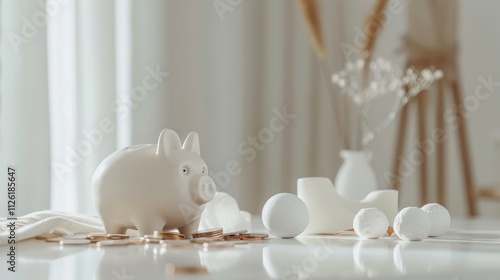 A playful money saving setup, with a piggy bank and scattered coins cleanly displayed on a white background, photo