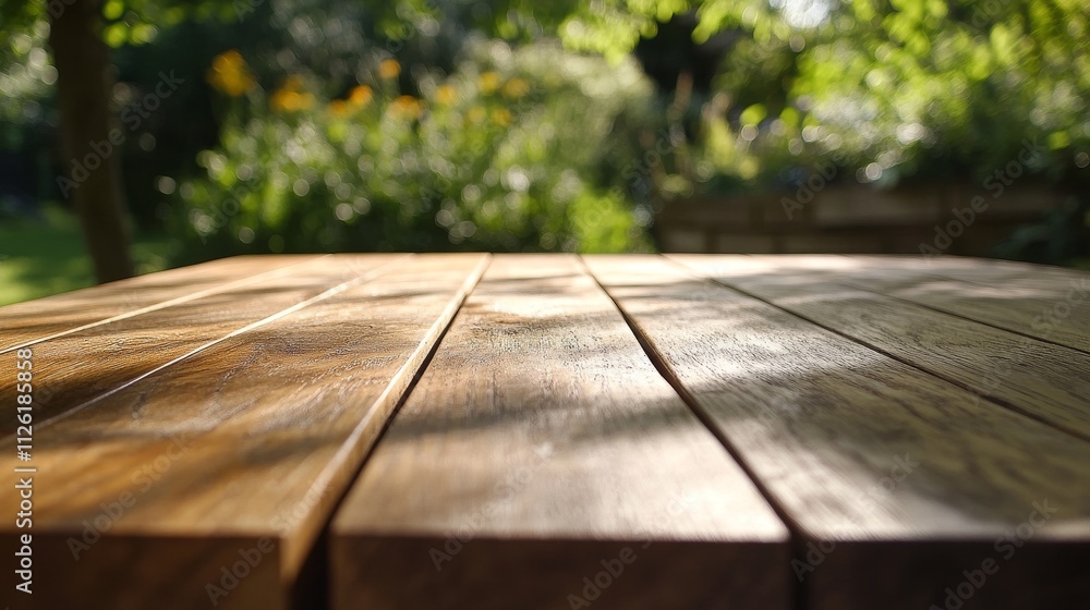 Wooden table garden sunlight soft focus nature greenery, warm outdoor scene, sunlit patio relaxation atmosphere, wood texture closeup Wooden table garden sunlight soft focus nature greenery, warm outdoor scene, sunlit patio relaxation atmosphere, wood texture closeup