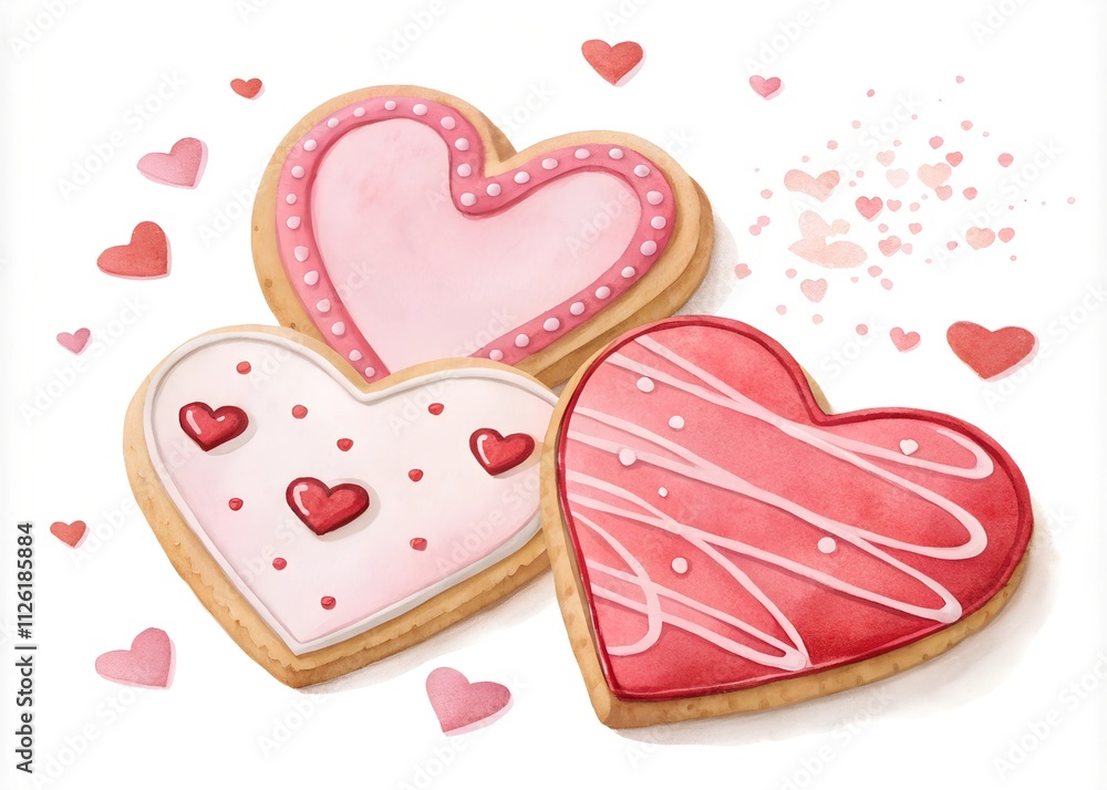 Watercolor clipart of heart-shaped cookies in pink and red tones, featuring intricate frosting designs. Ideal for Valentine’s Day cards, love themes, or festive illustrations. Watercolor clipart of heart-shaped cookies in pink and red tones, featuring intricate frosting designs. Ideal for Valentine’s Day cards, love themes, or festive illustrations.