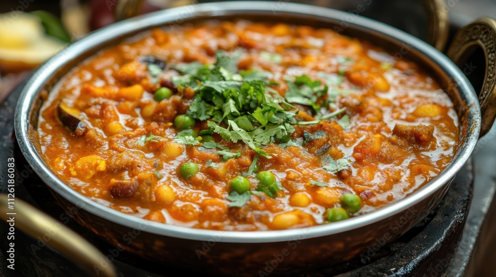 A vibrant bowl of curry featuring chickpeas, peas, and spices, garnished with fresh herbs. A vibrant bowl of curry featuring chickpeas, peas, and spices, garnished with fresh herbs.