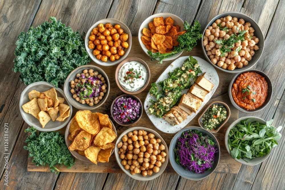 A vibrant spread of healthy dishes and snacks arranged on a wooden table. A vibrant spread of healthy dishes and snacks arranged on a wooden table.
