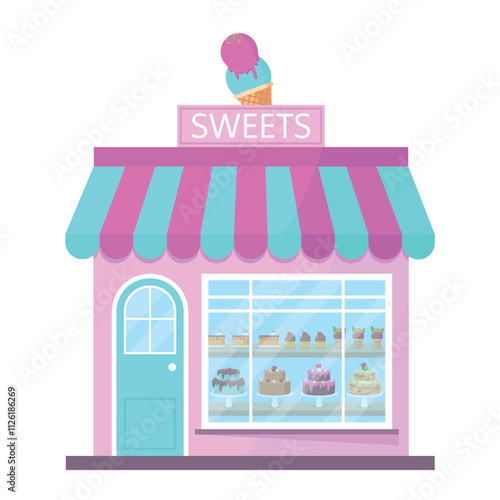 Pastry shop building icon with various sweets on the display window. Pastry business concept.