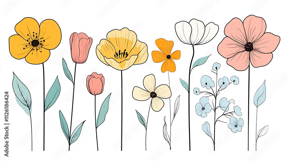 Fototapeta premium A single line drawing of various flowers in paste pattern background