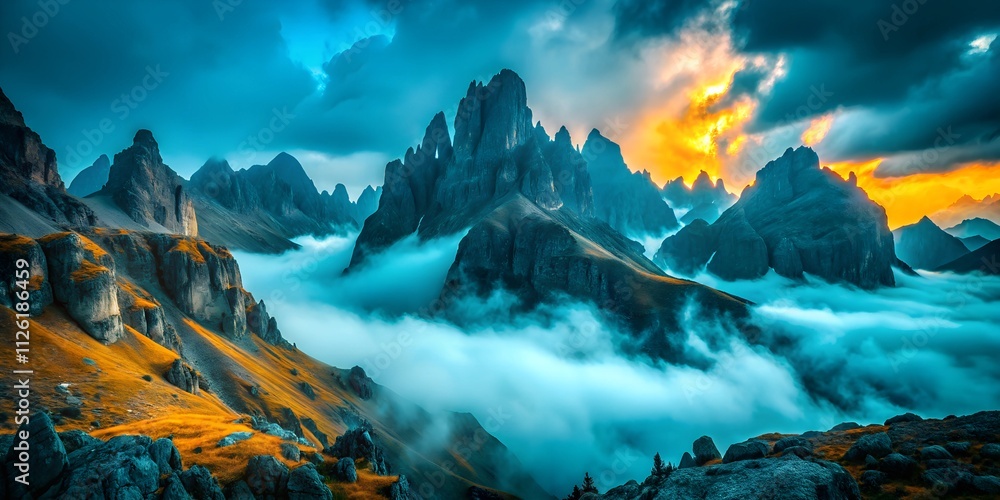 Towering mountain peaks rise above the mist, with golden grassy slopes and a dramatic sky at sunrise. Perfect for nature lovers and travel enthusiasts. Towering mountain peaks rise above the mist, with golden grassy slopes and a dramatic sky at sunrise. Perfect for nature lovers and travel enthusiasts.
