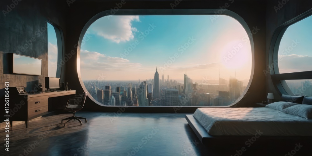 Fototapeta premium Spacious bedroom with a large bed and city skyline view