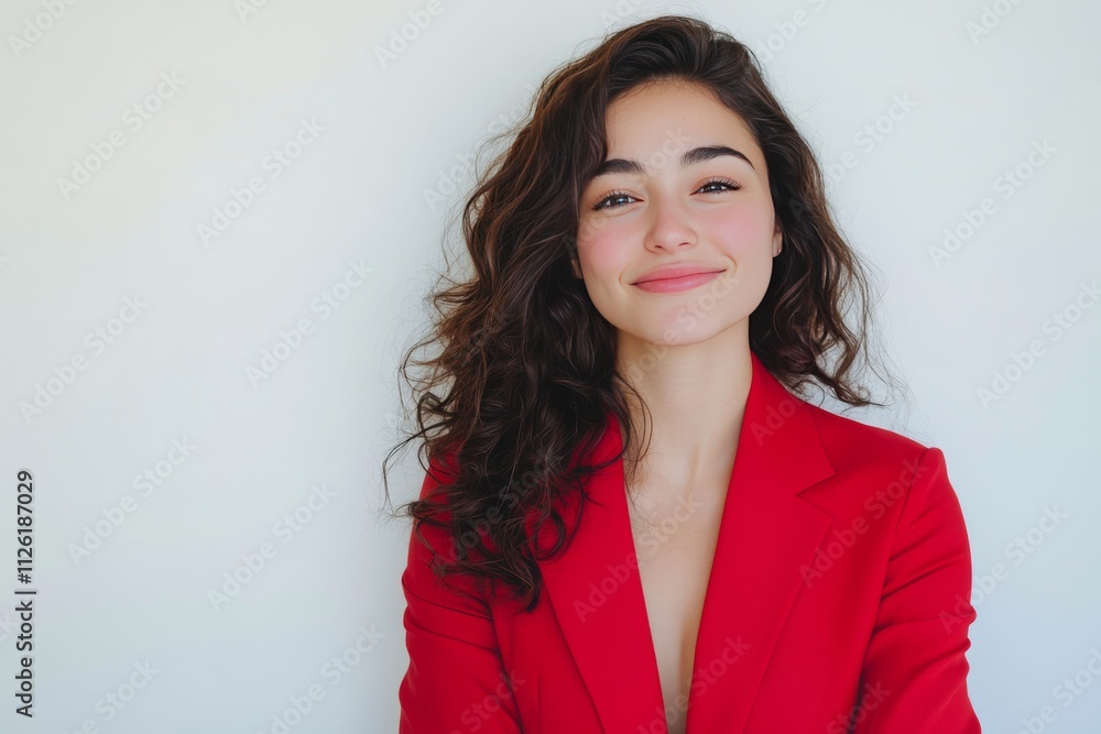 A woman in a red jacket is smiling A woman in a red jacket is smiling